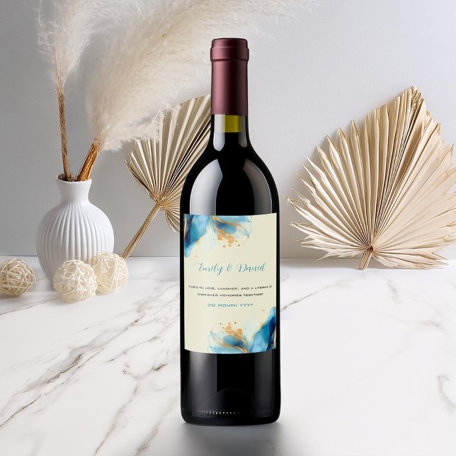 Rótulo De Garrafa De Cerveja Casamento com abstrato Azul e Dourada Aquarela (Criador carregado)