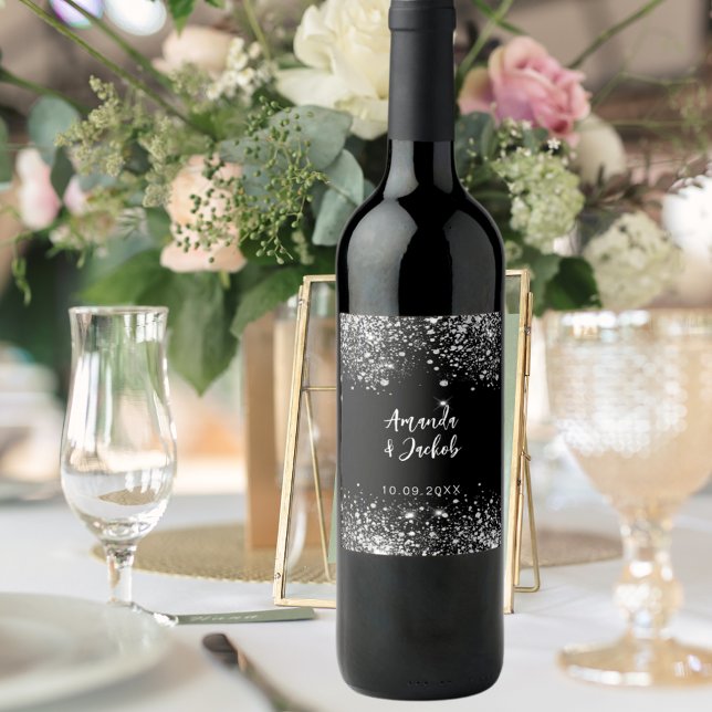 Rótulo De Garrafa De Cerveja Casamento com brilho de prata negra (Criador carregado)