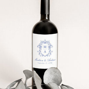 Rótulo De Garrafa De Cerveja Casamento com Crista Monograma Elegante Azul Chino