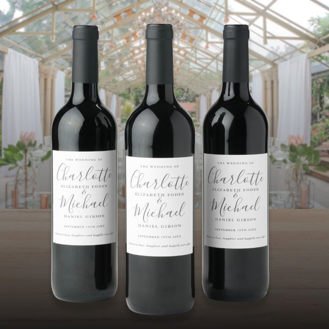 Rótulo De Garrafa De Cerveja Casamento com Letra de Assinatura Cinza e Branco (Gray And White Signature Script Wedding Wine Label)