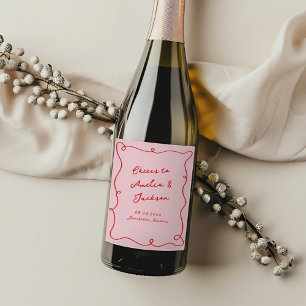 Rótulo De Garrafa De Cerveja Casamento Cor-de-Rosa e Vermelho Desenhado à Mão C