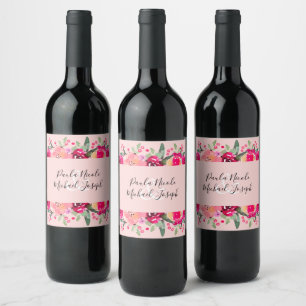 Rótulo De Garrafa De Cerveja Casamento de Aquarela Floral Rosa Quente