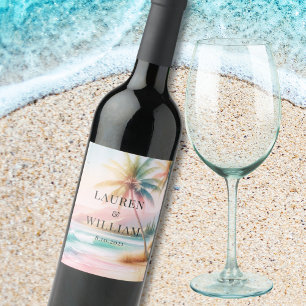 Rótulo De Garrafa De Cerveja Casamento de Árvores de Palma de Aquarela de Praia