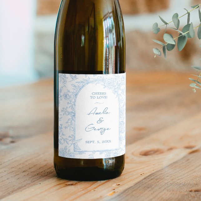 Rótulo De Garrafa De Cerveja Casamento de Azul e Branco - Toile Francês (Wedding Blue and White French Toile Wine Label)