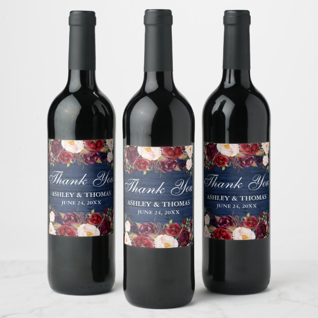 Rótulo De Garrafa De Cerveja Casamento de Borgonha Floral De Madeira Azul Rústi (Garrafas)