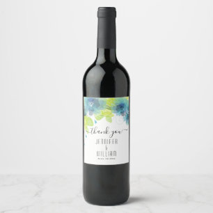 Rótulo De Garrafa De Cerveja Casamento de caligrafia com flores etéreas azuis