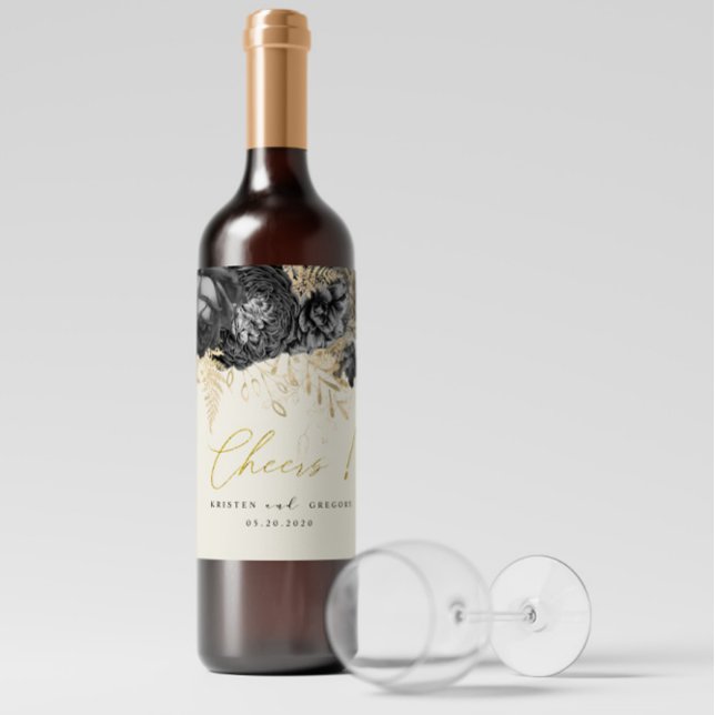 Rótulo De Garrafa De Cerveja Casamento de Cheers Negros Dourados com Rosas de A (Criador carregado)