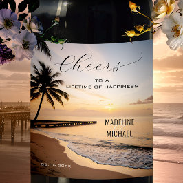 Rótulo De Garrafa De Cerveja Casamento de Destino Tropical de Praia Sunset