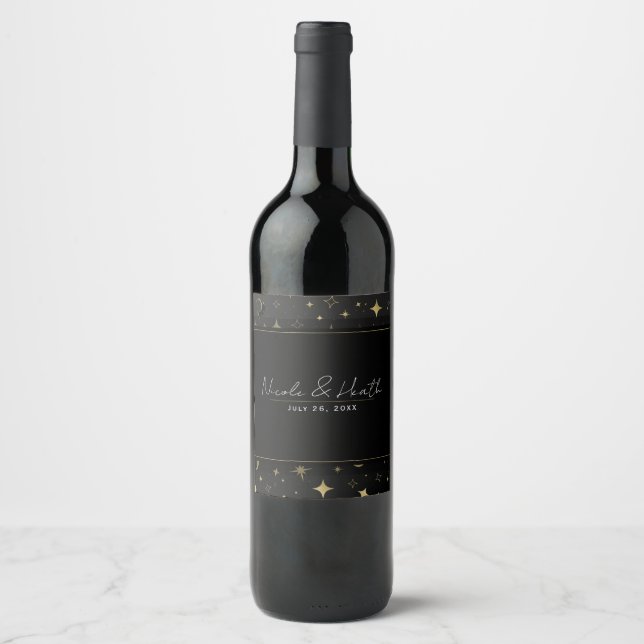Rótulo De Garrafa De Cerveja Casamento de Estrelas Celestiais Negras e Douradas (Frente)