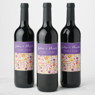 Rótulo De Garrafa De Cerveja Casamento de Flor Silvestre Boho Laranja Roxo
