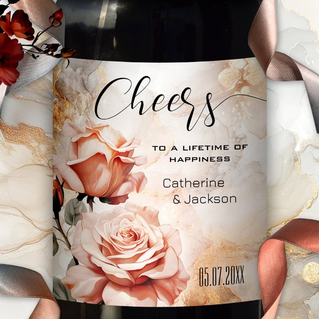 Rótulo De Garrafa De Cerveja Casamento de Glam Boho Roses Rosa (An elegant wedding wine label featuring pink roses on a veined artistic background)