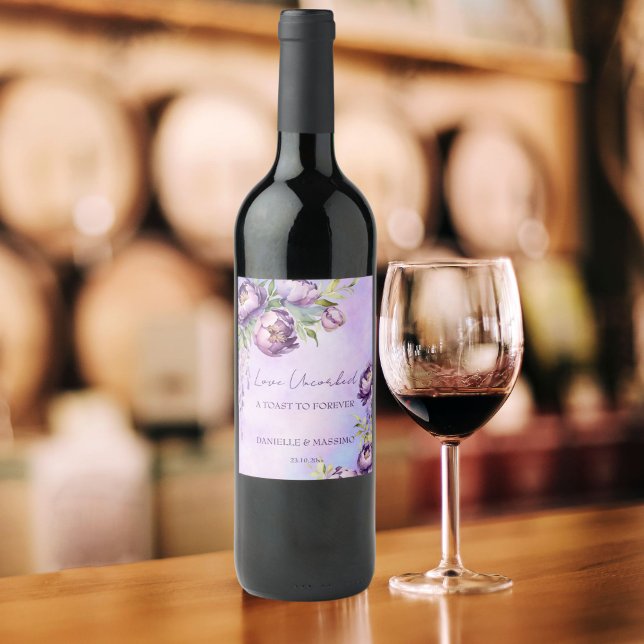 Rótulo De Garrafa De Cerveja Casamento de lilac wisteria de púrpura Elegante (Elegant purple peonies lilac wisteria wedding wine label toast to forever personalized labels lilac)