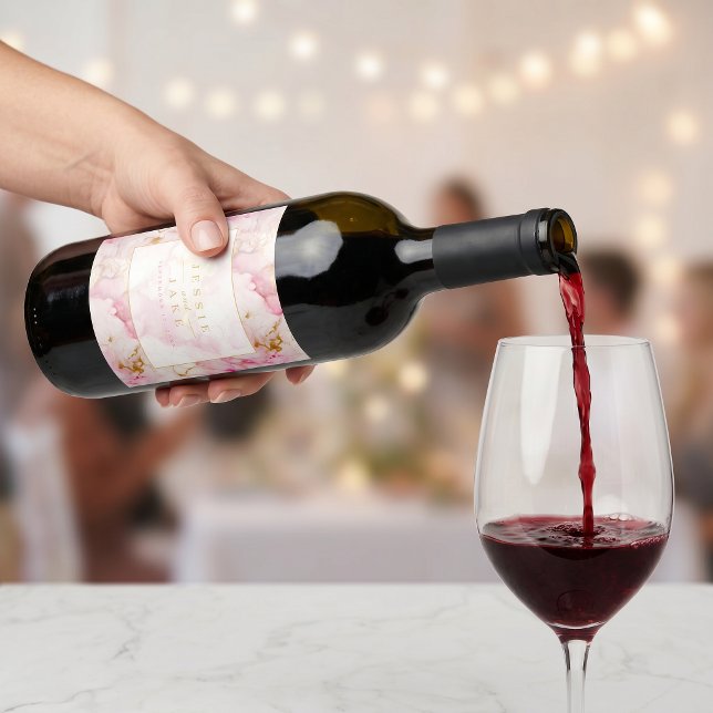 Rótulo De Garrafa De Cerveja Casamento de mármore rosa e dourado (Pink and gold marble Wedding Wine Label)