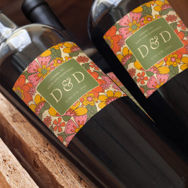 Rótulo De Garrafa De Cerveja Casamento de Monograma Padrão Floral Retro Boho 70