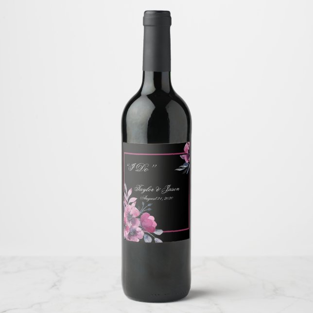 Rótulo De Garrafa De Cerveja Casamento de Script Floral Romântico Preto e Rosa (Frente)