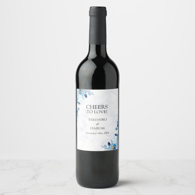 Rótulo De Garrafa De Cerveja Casamento de verão com flores elegantes azuis (Frente)