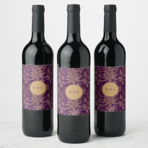 Rótulo De Garrafa De Cerveja casamento do monograma roxo e damasco real