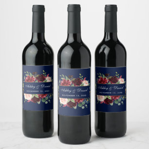 Rótulo De Garrafa De Cerveja Casamento Dourado azul floral de Borgonha da