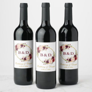 Rótulo De Garrafa De Cerveja Casamento Dourado de Burgundy Floral Wreath