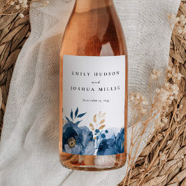 Rótulo De Garrafa De Cerveja Casamento Dourado Floral Azul-Sujo