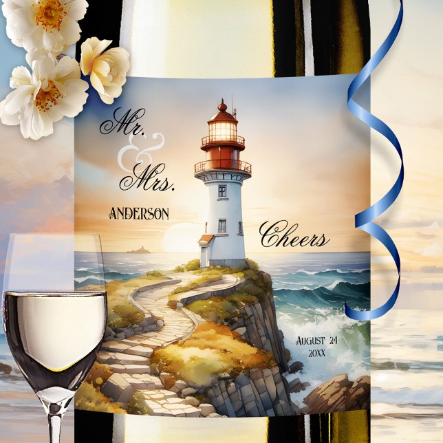 Rótulo De Garrafa De Cerveja Casamento Elegante De Farol De Aquarela (Romantic wine label featuring a watercolor painting of a lighthouse at sunset - wedding - nautical)