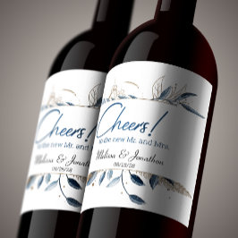 Rótulo De Garrafa De Cerveja Casamento Elegante Floral Moderno Dourado Azul