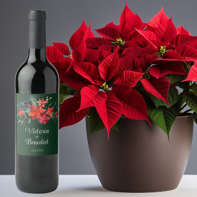 Rótulo De Garrafa De Cerveja Casamento Festivo de Férias Verdes Poinsettia Flor (Criador carregado)