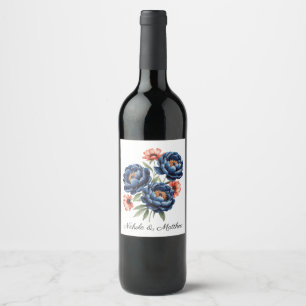 Rótulo De Garrafa De Cerveja Casamento Floral Azul Elegante e Laranja Queimada