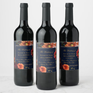 Rótulo De Garrafa De Cerveja Casamento Floral Bege Laranja Azul-Marinho Sombrio