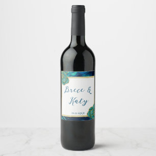 Rótulo De Garrafa De Cerveja Casamento Floral de Ágata Azul Turquesa