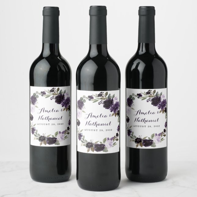 Rótulo De Garrafa De Cerveja Casamento Floral de Folha Verde e Roxo Elegante e  (Garrafas)