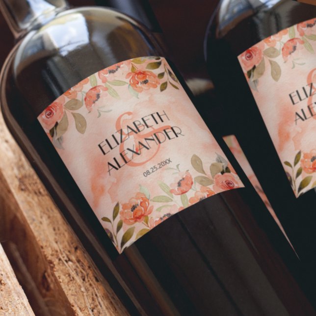 Rótulo De Garrafa De Cerveja Casamento Floral de Laranja Laranja-Aquarela (Watercolor orange floral wedding wine bottle personalized labels)