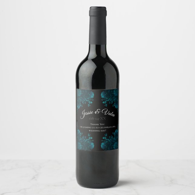 Rótulo De Garrafa De Cerveja Casamento Floral de Teal Negro (Frente)