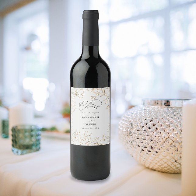 Rótulo De Garrafa De Cerveja Casamento Floral Dourado Lined (Criador carregado)