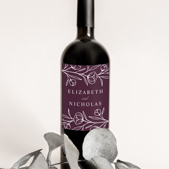 Rótulo De Garrafa De Cerveja Casamento Floral Esboçado Roxo (Criador carregado)
