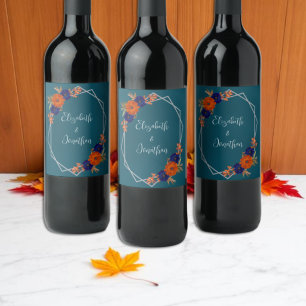 Rótulo De Garrafa De Cerveja Casamento Floral Laranja Naval Azul Outono Rústico