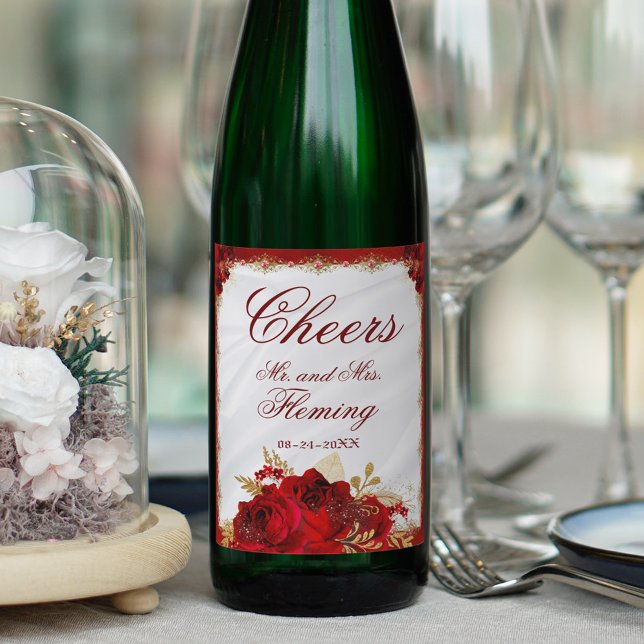 Rótulo De Garrafa De Cerveja Casamento Floral Metálico Vermelho e Dourado (Criador carregado)