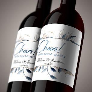 Rótulo De Garrafa De Cerveja Casamento Floral Moderno Azul Dourado Elegante