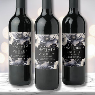 Rótulo De Garrafa De Cerveja Casamento Floral Preto Branco Moderno e Elegante