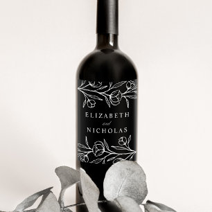 Rótulo De Garrafa De Cerveja Casamento Floral Preto e Branco Desenhado