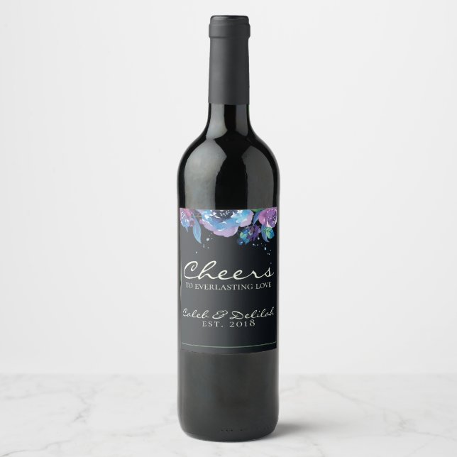Rótulo De Garrafa De Cerveja Casamento Floral Profundo de Azul Roxo-Sangrento (Frente)