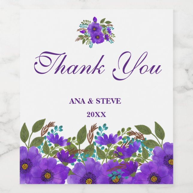 Rótulo De Garrafa De Cerveja Casamento Floral Purple Personalizado Obrigado (Rótulo Único)