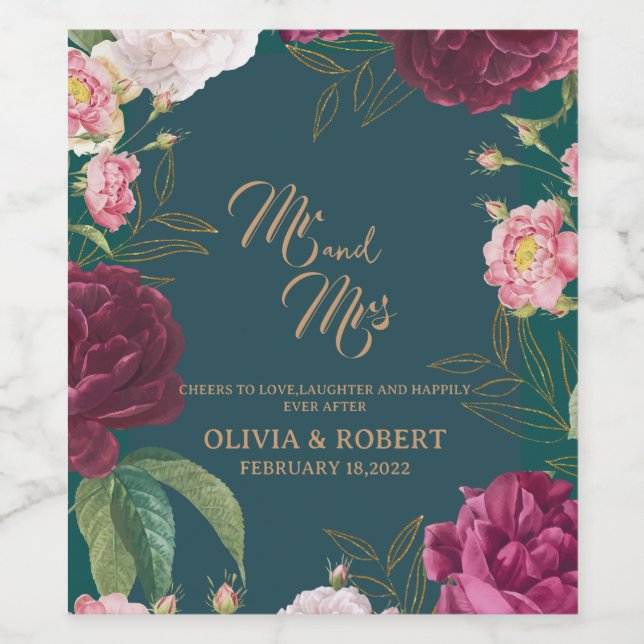 Rótulo De Garrafa De Cerveja Casamento Floral Verde Dourado e Esmeralda (Rótulo Único)