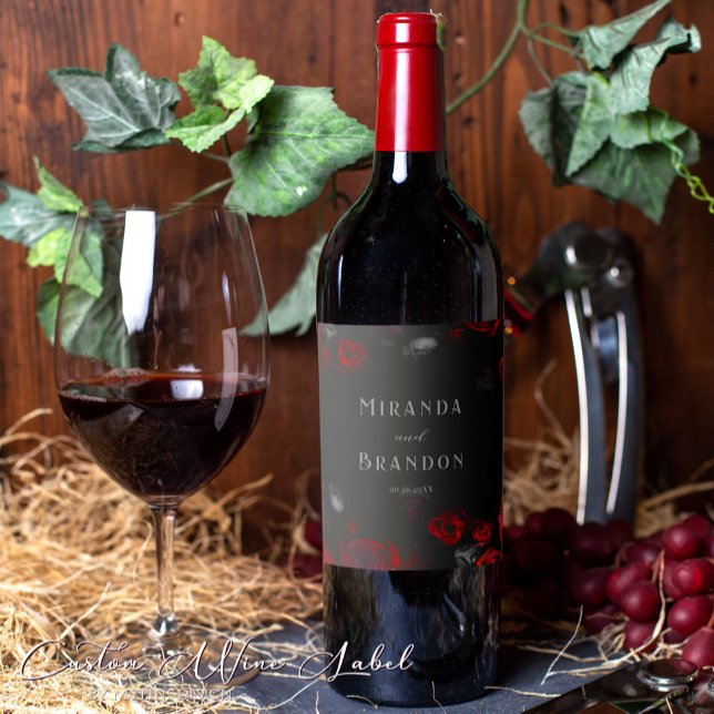 Rótulo De Garrafa De Cerveja Casamento Floral Vermelho e Preto Personalizado El (Criador carregado)