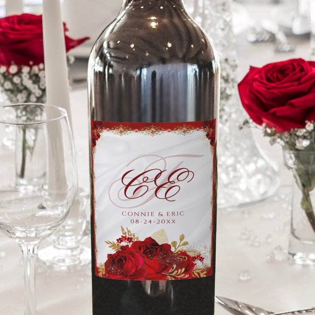 Rótulo De Garrafa De Cerveja Casamento Floral Vermelho Monograma de Script Eleg (Criador carregado)