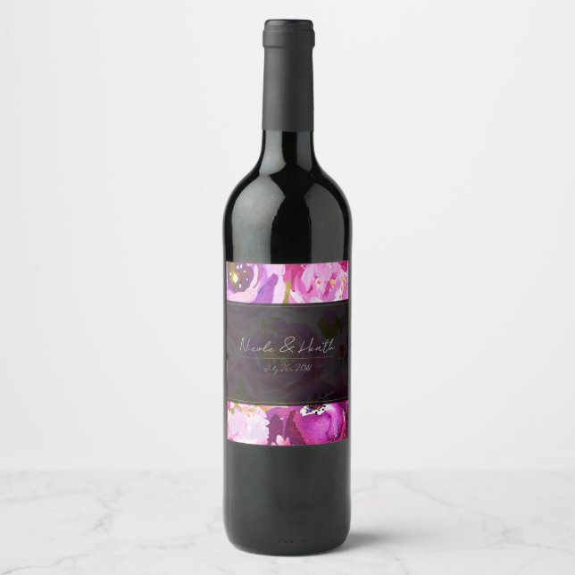 Rótulo De Garrafa De Cerveja Casamento Floral Vibrante de Rosa e Roxo (Frente)