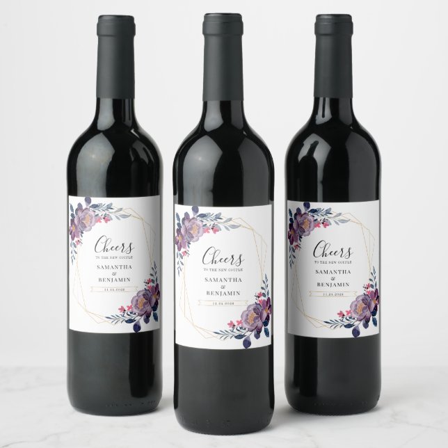 Rótulo De Garrafa De Cerveja Casamento Geométrico Floral Roxo Sr e Sra (Garrafas)