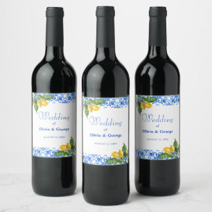 Rótulo De Garrafa De Cerveja Casamento mediterrânico de azulejos azuis e limões