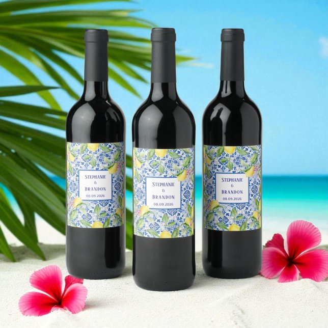 Rótulo De Garrafa De Cerveja Casamento mediterrânico dos Azulejos Limões (Criador carregado)