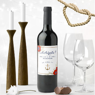 Rótulo De Garrafa De Cerveja Casamento Náutico Vermelho, Branco e Azul